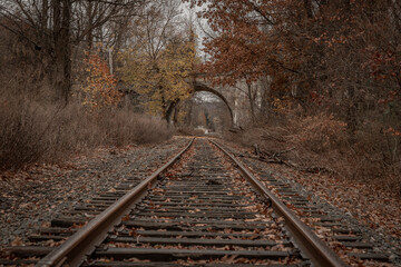 Railroad tracks go under the abandoned Delaware River Viaduct