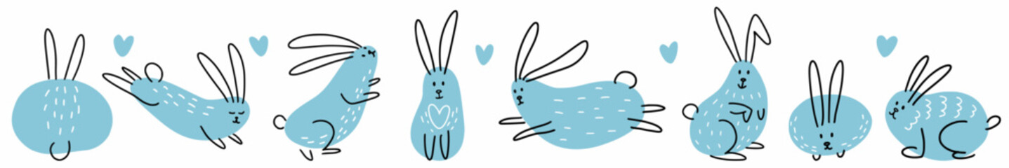 A hand-drawn set of cute rabbits. Vector children's illustration of funny rabbits drawn in the style of doodles.
