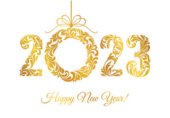 Happy New Year 2023. Decorative Font made of swirls and floral elements. Golden Numbers and Christmas wreath isolated on a white background.