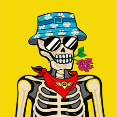 Skull Art, action figure of Skull with different fashion property used possed on colorfull background  