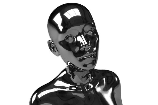 3d illustration of a female bald silver head on a white background. Metal mannequin.
