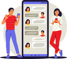 Conversation concept. Man and woman talking on chat. Flat.