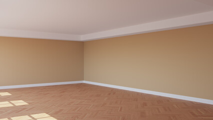 Beautiful Sunlit Corner of the Room with Beige Walls, a White Ceiling and Cornice, Glossy Herringbone Parquet Floor, and a White Plinth. Unfurnished Interior Concept. 3d render, Ultra HD 8K, 7680x4320