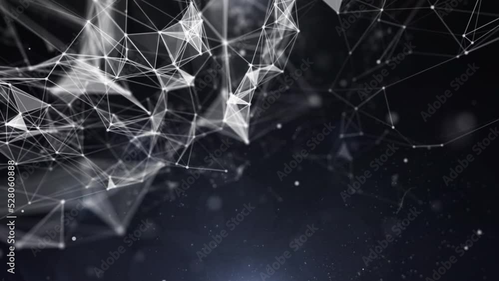 Poster White network low poly mesh line structure dynamic moving backward fly trough 4K motion background.