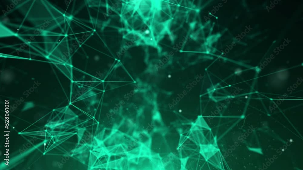 Poster Green low poly lines and dots structure moving and rotate then zoom in 2 step with copy space for your infographic text 4K motion background.