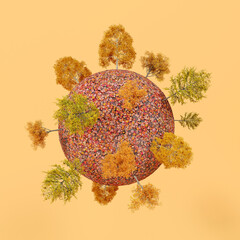 Creative Autumn 3d Illustration concept by throwing colorful withered leaves. Pastel orange background.