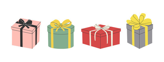 Hand drawn cute cartoon illustration of gift box set with bow. Christmas birthday holiday present. Flat vector sticker or icon in simple colored doodle style. Isolated on white background.