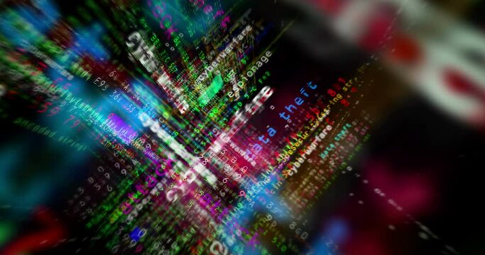 Cyberwarfare media and abstract screen 3d seamless looped. Fly between glitch and noise text concept of cyber attack, war, digital battlefield, espionage and data theft.