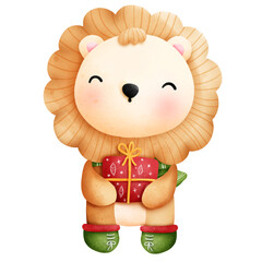 cute christmas lion with gift 