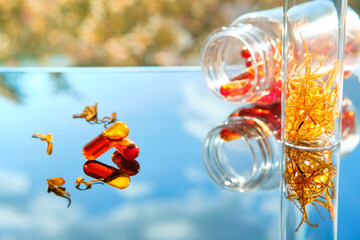 Calendula oil in capsules. Oil extracted from marigold flowers, dry flower petals on orange blue...