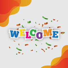 Colorful welcome lettering banner with fluid background
