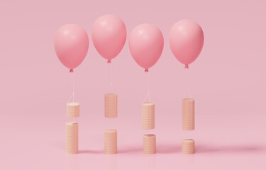 Balloons taking coins from downtrend coin stacks chart, inflation causing decline in puschasing power of money over time concept, 3d render illustration. - obrazy, fototapety, plakaty