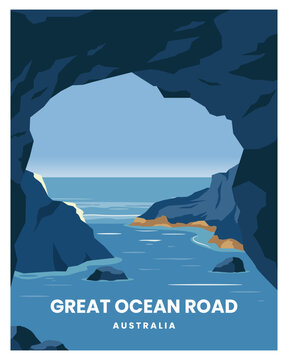 great ocean road beach in australia vector illustration with minimalist style. landscape background suitable for poster, postcard, art, print.