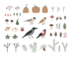 Vector illustration Autumn big set. Hand drawn stylized fall leaves, harvest, branches, mushrooms, berries and birds isolated on white background.