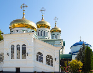 Fototapeta na wymiar side view of cathedral in name of the life-giving Trinity in Raifa Bogoroditsky Monastery. It is the largest active male monastery of Kazan diocese of Russian Orthodox Church