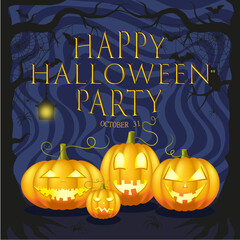 Happy Halloween Party. Happy Halloween pumpkins, spiders and bats background. 
