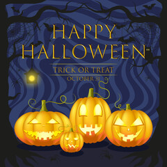 Happy Halloween pumpkins, spiders and bats background. 