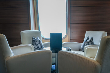 Elegant Art Deco interior design furnishing bar lounge area onboard ocean liner cruiseship cruise...