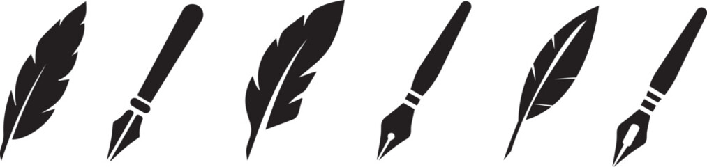 Set Fountain pen icon, logo. Feather quill pen logo. Fountain pen simple silhouette. Vector