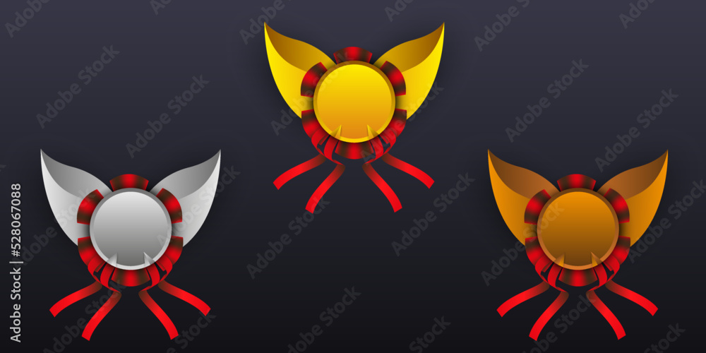 Poster game ui level badge buttons with gold, silver and bronze, game winner badge with red ribbon icons fo