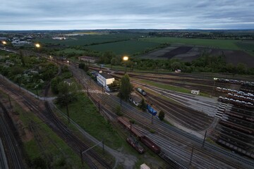 railway turntable or wheelhouse is a device for turning locomotives aerial panorama landscape photos, railway and freight trains with vagons and locomotive,wagon   © Semi