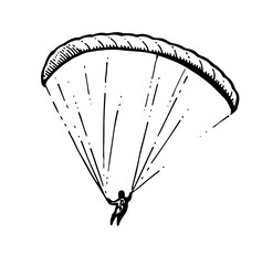 Paragliding parachutist. Parachute paraglider. Air extreme sport. Controlled high altitude flight. Hand drawn outline sketch. Isolated on white background. Vector.