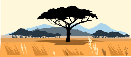 Plains and mountains. African savannah landscape. Silhouette picture. Africa acacia tree. Vector.