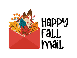 Happy Fall Mail Vector Illustration, Envelope with Autumn Leaves and mushroom