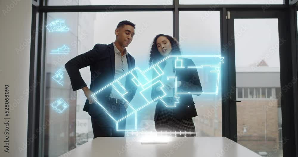 Poster graphic blueprint, architecture teamwork and virtual reality floor plan in futuristic office. engine
