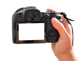 Photographer holding digital camera in hand. Transparent background.