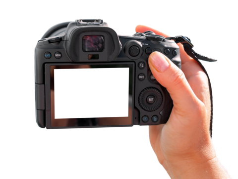 Photographer holding digital camera in hand. Transparent background.