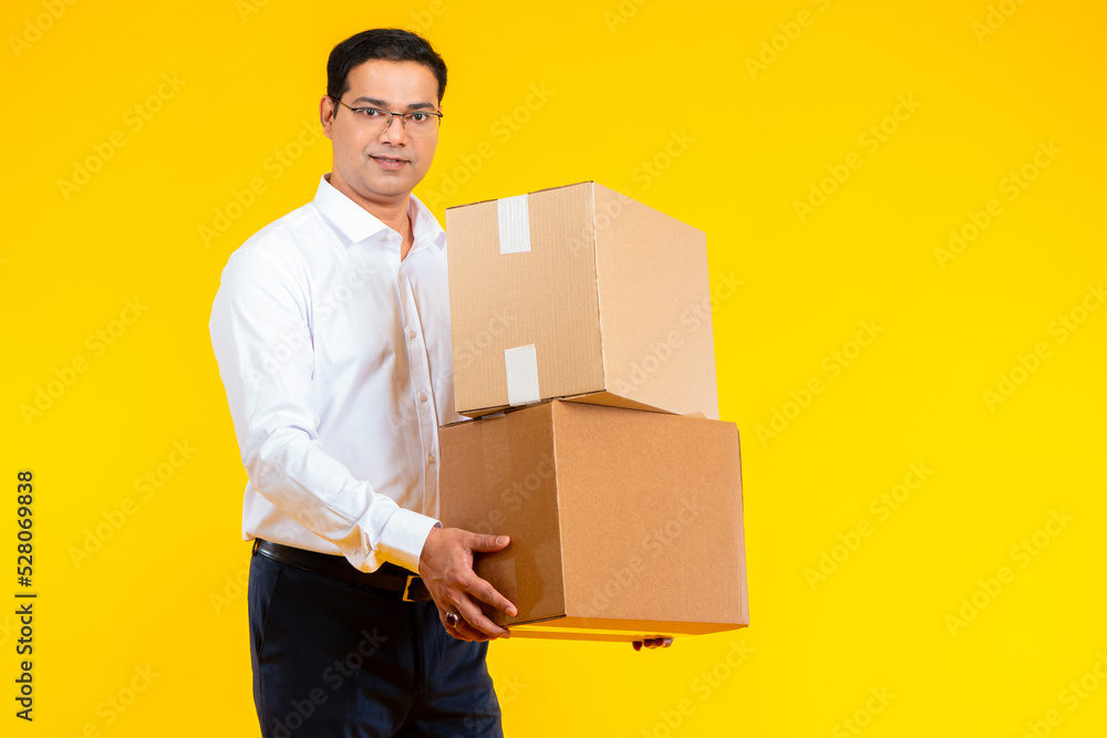 Poster warehouse manager. man next to boxes. warehouse business metaphor boxes. guy with tablet computer. w