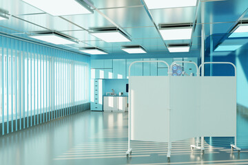 Doctor's office in hospital. Medical screen in office of doctor. Panorama of hospital. Medical center in light colors. Screen closes patient on bed in hospital. 3D image