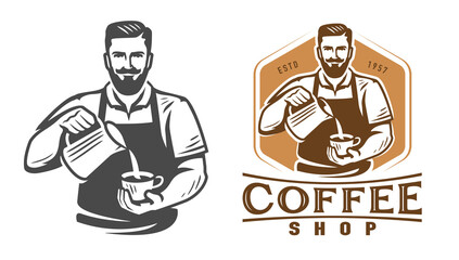 Coffee shop barista logo template. Design template for restaurant or cafe menu. Coffee emblem vector illustration - obrazy, fototapety, plakaty