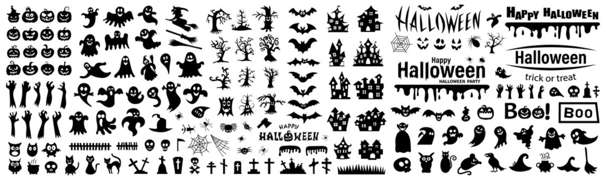 Big set of silhouettes of Halloween on a white background. Vector illustration.