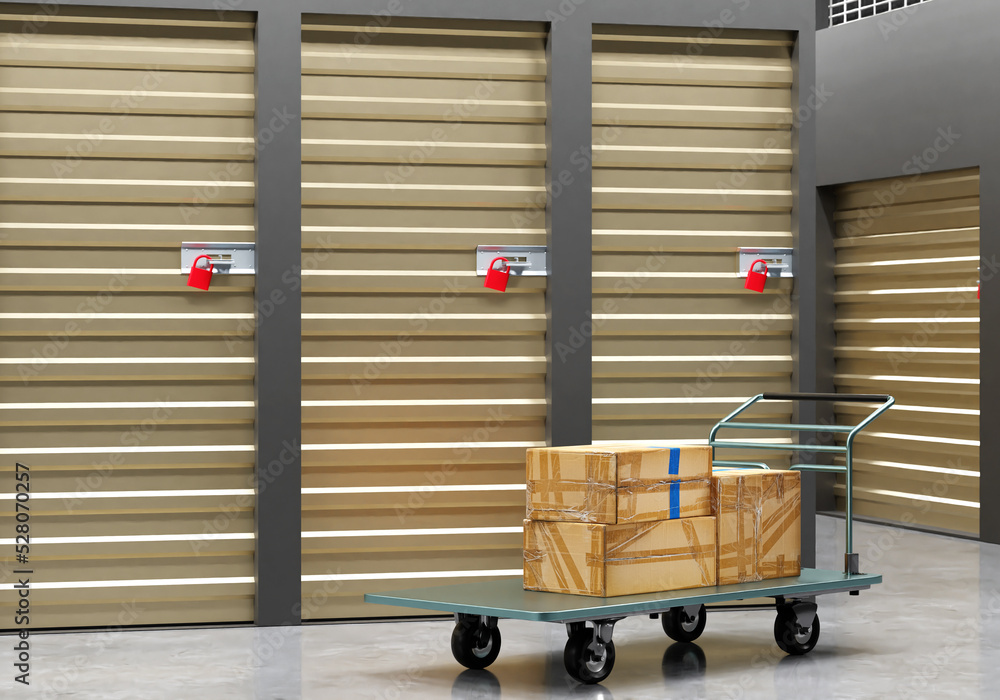Poster self storage units. cart with cardboard boxes. boxes front storage units. concept renting space in w