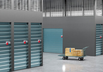 Storage space. Warehouse containers and box at trolley. Storage company interior. Rooms for renting warehouse. Storage containers with locks on doors. Cardboard boxes for safekeeping. 3d rendering.