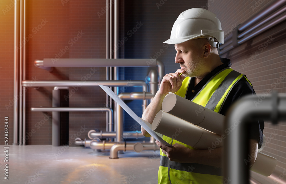 Poster man in engineering room. engineer among steel pipes. builder in room for engineering communications.