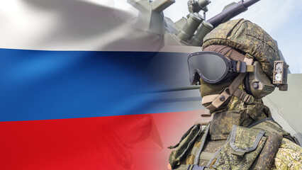 Fototapeta premium Army Russia. Mannequin dressed as soldier. Uniform soldier of Russian Federation. Concept of military-industrial complex of Russia. Soldier mannequin in front Russian flag. Military uniform