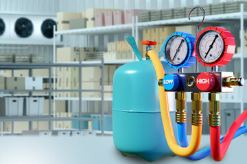 Industrial fridge equipment. Freon gas cylinder inside fridge. Freon refrigerant in bottle. Fridge...
