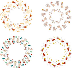 Abstract Christmas wreath. Vector illustration. Merry Christmas greeting card with cute funny pug dogs in wreath shape. Cute funny dogs. Character design.
