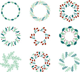 Christmas wreath with green and red branches and pine. Wreath collection, unique set for greeting cards, banners, flyers.