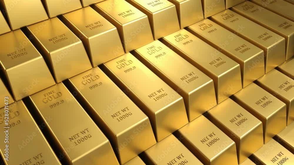 Poster 3d render animation of bullion or gold bars in the bank vault in slow motion. camera showing stack o