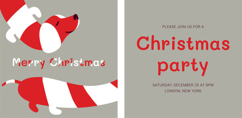 Dachshund candy cane greeting card, vector Christmas card with a cartoon dog.