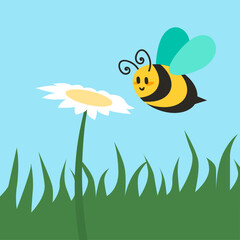 Cute bug. Cartoon bee flying to flower. Summer nature. Insect pollinating chamomile. Meadow grass and blossoms. Yellow striped bumblebee. Honeybee character flight. Vector illustration