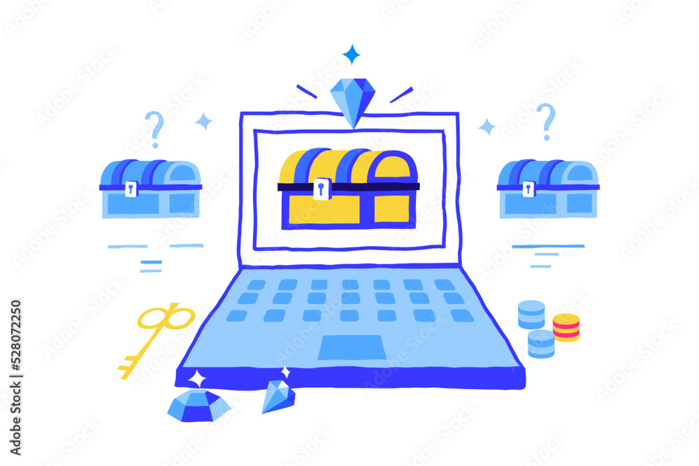 Poster game development concept. doodle vr technology and gaming mechanics trendy objects. laptop screen. l