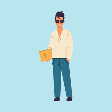 Cartoon man. Standing male with paper folder. Walking people. Isolated person holding book. Casual clothes and sunglasses. Student carrying documents or notepad. Vector illustration