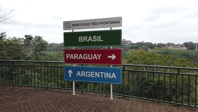 Landmark of the 3 Borders Brazil, Paraguay and Argentina. Cities of Ciudad del Este, Puerto Iguaz&uacute; and Foz do Igua&ccedil;u. Junction of the Paran&aacute; and Igua&ccedil;u rivers