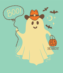 Halloween cute grost cowboy card illustration. Vector hand drawn halloween ghost in cowboy hat and lasso Boo howdy holiday text.