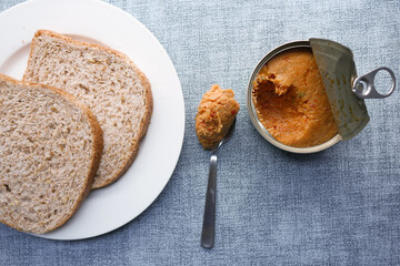 canned tuna on wooden table ,